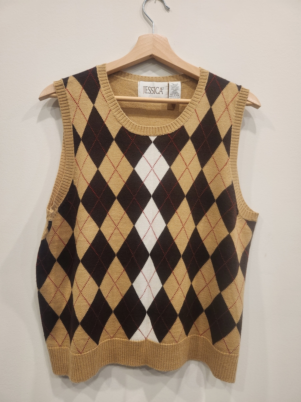 Jessica Women's Tan, Black & White Argyle Sweater Vest